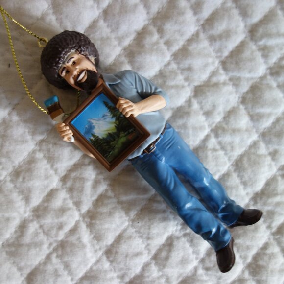 BOB ROSS Christmas Ornament Holding Mountain Painting and Brush - Picture 1 of 4